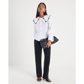 Petite White Poplin Ribbon Trim Collar Shirt