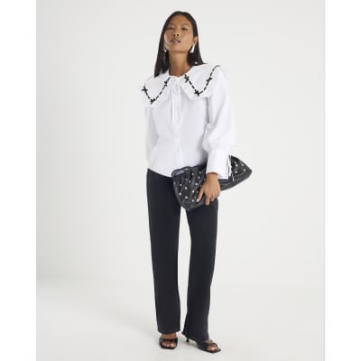 Petite White Poplin Ribbon Trim Collar Shirt