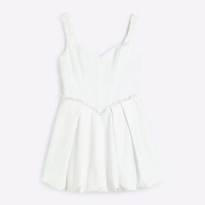 Petite White Satin Bubble Hem Mini Dress