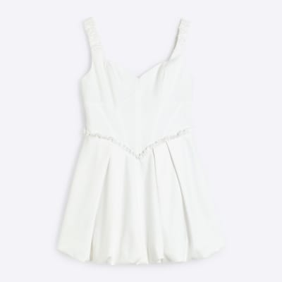 Petite White Satin Bubble Hem Mini Dress
