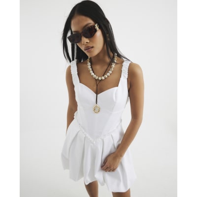 Petite White Satin Bubble Hem Mini Dress