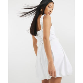 Petite White Satin Bubble Hem Mini Dress