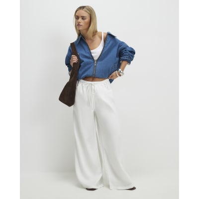 Petite White Wide leg Drawstring Jeans