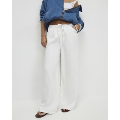 Petite White Wide leg Drawstring Jeans