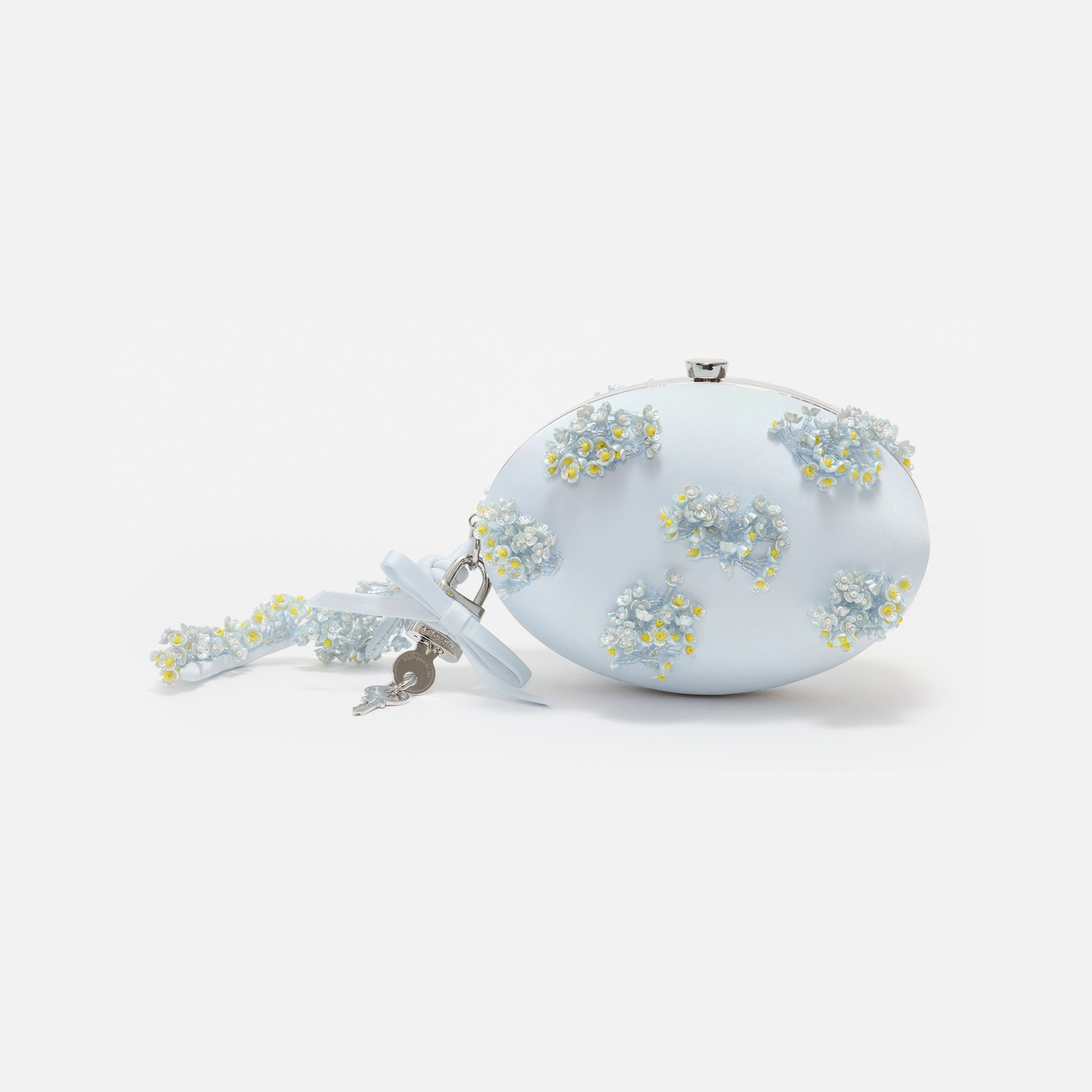 Blue Satin Floral Beaded Oval Clutch