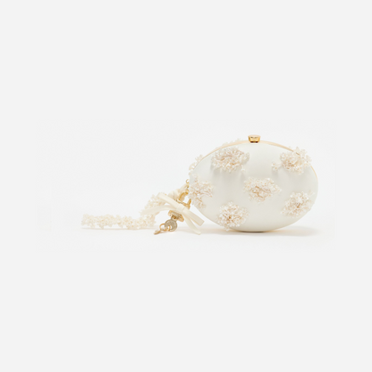 Cream Satin Floral Beaded Oval Clutch