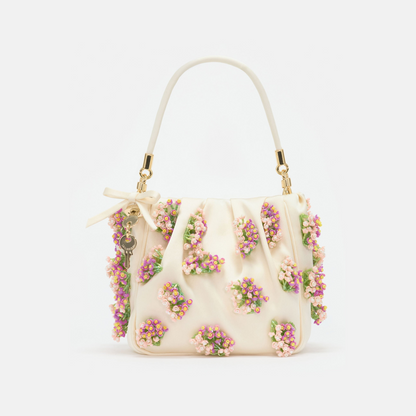 Cream Satin Floral Beaded Tote Bag
