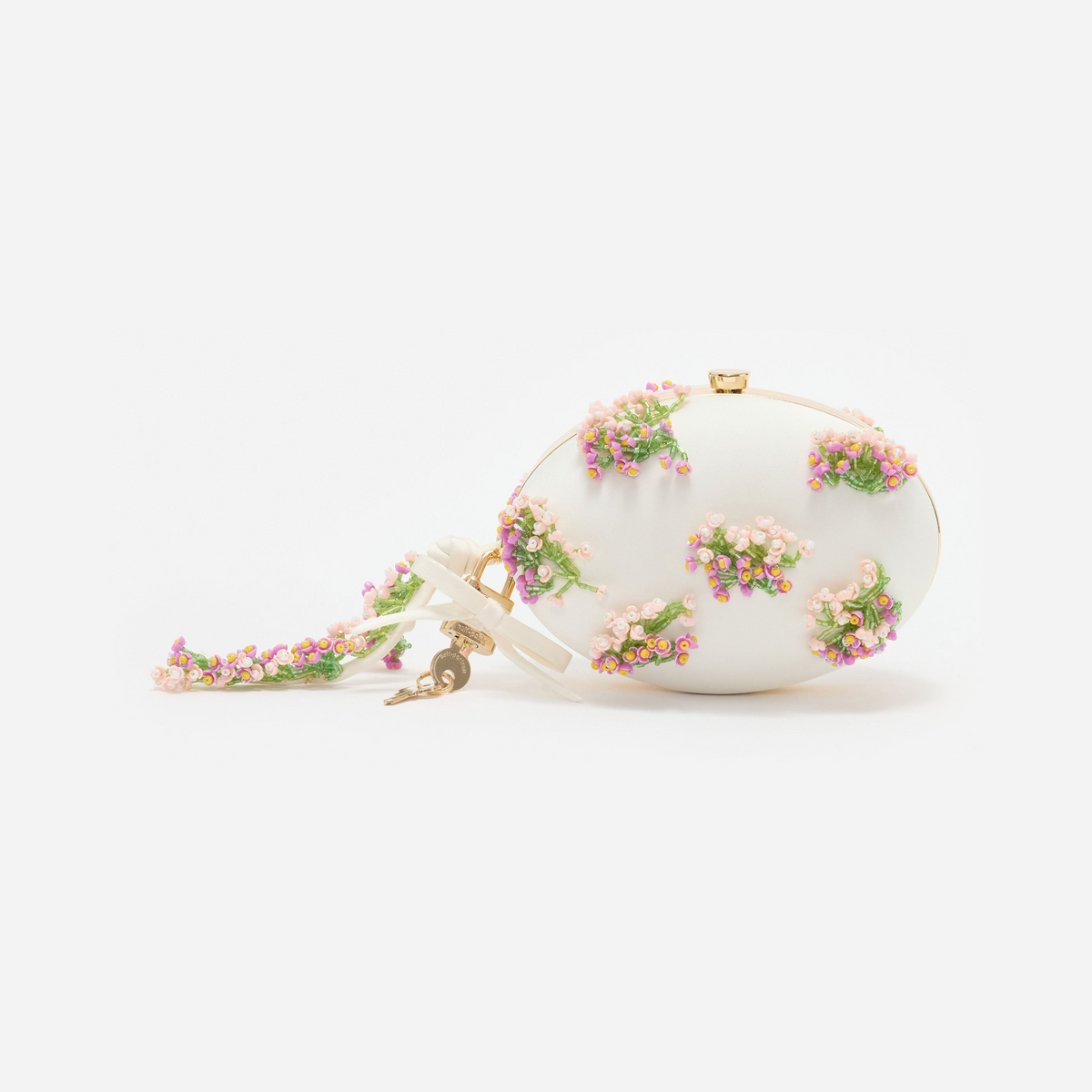 Cream Satin Pink Floral Beaded Oval Clutch