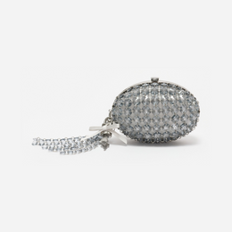 Grey Oval Crystal Chain Clutch Bag