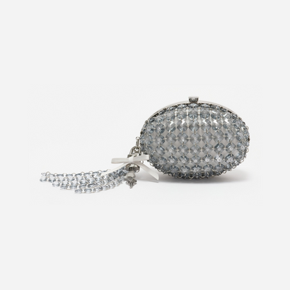 Grey Oval Crystal Chain Clutch Bag