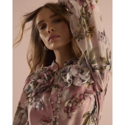 Pink 3D Floral Belted Mini Dress