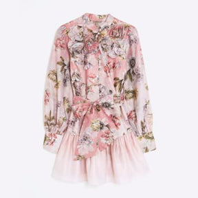 Pink 3D Floral Belted Mini Dress