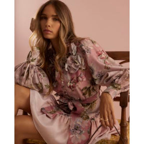 Pink 3D Floral Belted Mini Dress