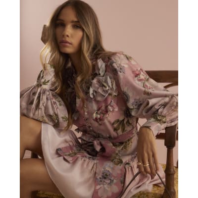 Pink 3D Floral Belted Mini Dress
