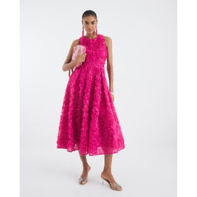 Pink 3D Floral Occasion Midi Dress