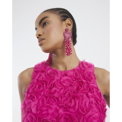 Pink 3D Floral Occasion Midi Dress