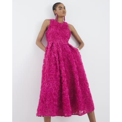 Pink 3D Floral Occasion Midi Dress