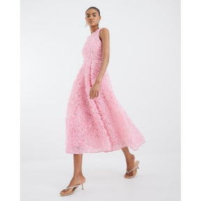 Pink 3D Floral Occasion Midi Dress