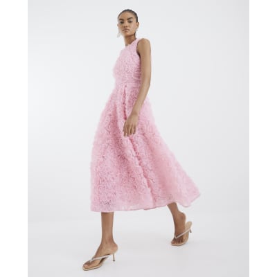 Pink 3D Floral Occasion Midi Dress