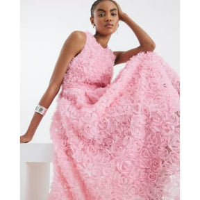 Pink 3D Floral Occasion Midi Dress