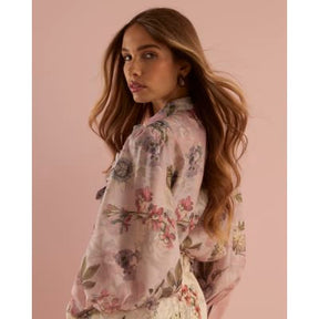 Pink 3D Floral Trimmed Sleeve Blouse