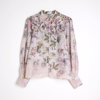 Pink 3D Floral Trimmed Sleeve Blouse