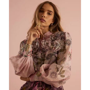 Pink 3D Floral Trimmed Sleeve Blouse