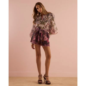 Pink 3D Floral Trimmed Sleeve Blouse