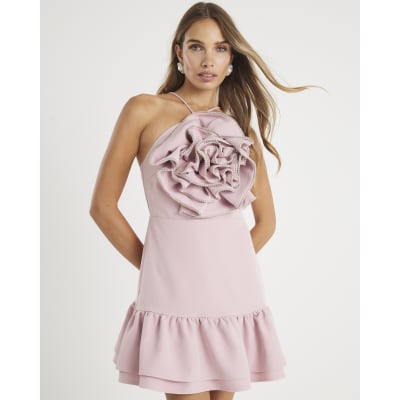 Pink 3D Flower Embellished Mini Dress