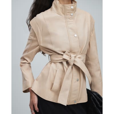 Pink Belted Funnel Neck Leather Jacket