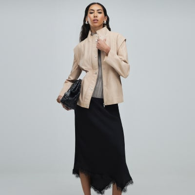 Pink Belted Funnel Neck Leather Jacket