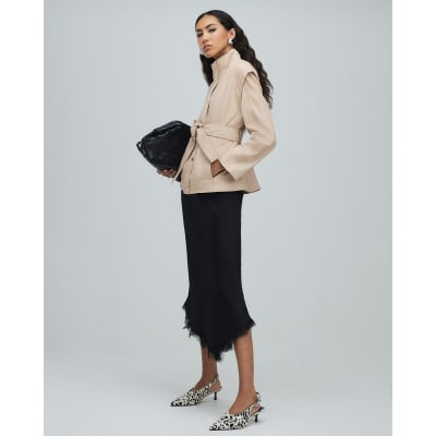 Pink Belted Funnel Neck Leather Jacket