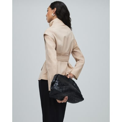 Pink Belted Funnel Neck Leather Jacket