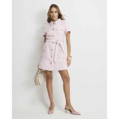 Pink Boucle Belted Mini Dress