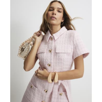 Pink Boucle Belted Mini Dress