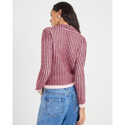 Pink Boucle Check Print Collared Cardigan