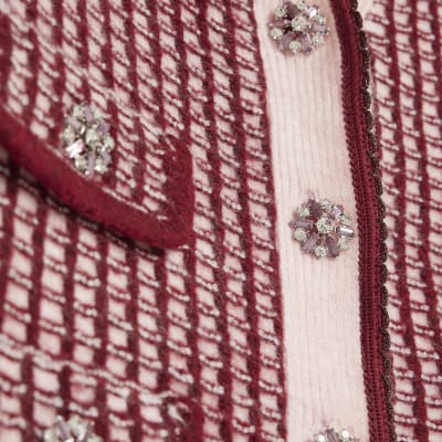 Pink Boucle Check Print Collared Cardigan