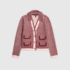 Pink Boucle Check Print Collared Cardigan
