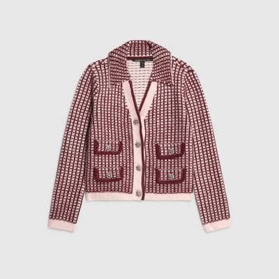 Pink Boucle Check Print Collared Cardigan