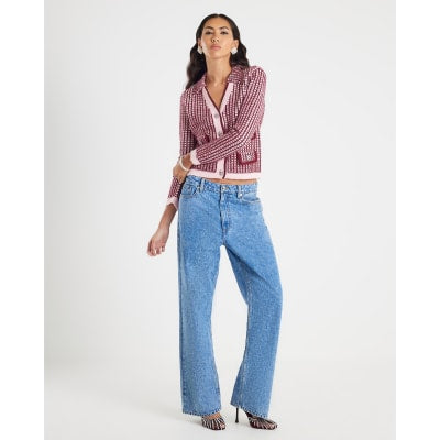 Pink Boucle Check Print Collared Cardigan