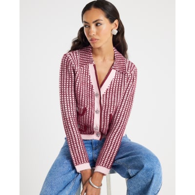Pink Boucle Check Print Collared Cardigan
