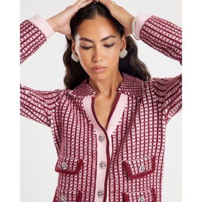Pink Boucle Check Print Collared Cardigan