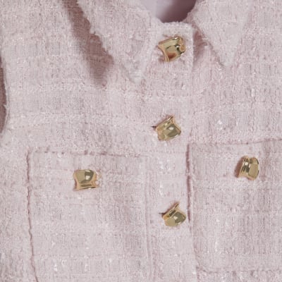 Pink Boucle Collared Sleeveless Waistcoat