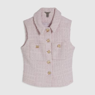 Pink Boucle Collared Sleeveless Waistcoat