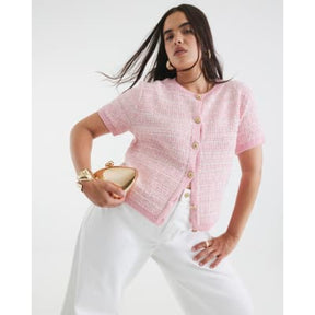 Pink Boucle Short Sleeve Cardigan