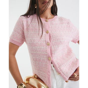 Pink Boucle Short Sleeve Cardigan