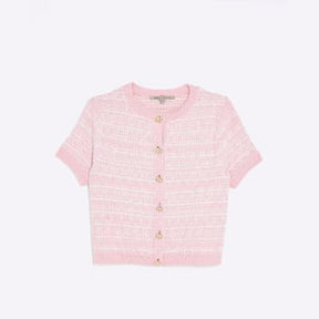 Pink Boucle Short Sleeve Cardigan