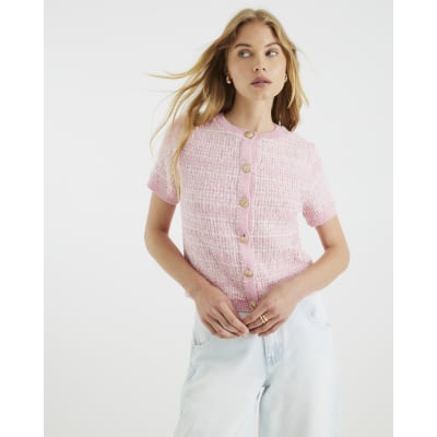 Pink Boucle Short Sleeve Cardigan