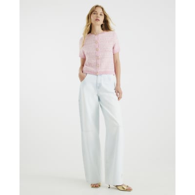 Pink Boucle Short Sleeve Cardigan