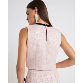 Pink Boucle Sleeveless Bow Front Top